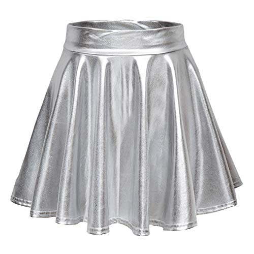 EXCHIC Mujer Falda Skater Acampanada Metálica Brillante (S, Plata)