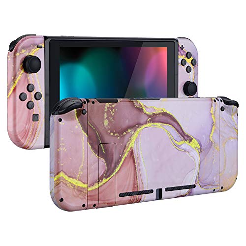 eXtremeRate Carcasa Completa para Nintendo Switch Funda Cubierta Trasera para Consola de Switch, Case Shell de Agarre, Botones Teclas para Joy-con de Nintendo Switch (Cósmico de Mármol Rosa Dorado)