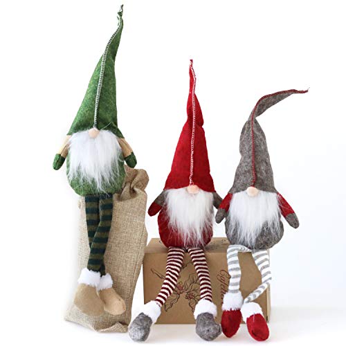 Fettinow Juego de 3 gnomos de Navidad, gnomo, Adornos navideños, Hecho a Mano, escandinavo, para decoración de la casa, Adornos de Papá Noel para Navidad, Materiales Premium, Verde, Rojo, Gris