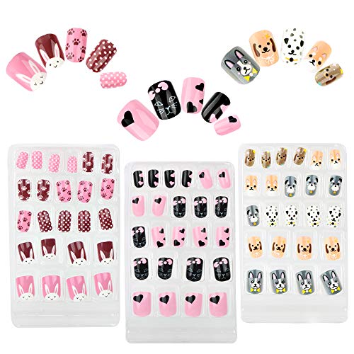 FLOFIA 72pcs Uñas Postizas para Niña Autoadherentes Múltiples Patrones Puntas Uñas Pintadas Cortas Acrílicas Kit Uñas Falsas, 3 Estilos