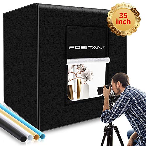 FOSITAN Caja de Fotografía 90*90cm/35"Caja de Luz Estudio fotográfico portátil, 126 LED Luz de Día 15000LM Foto Estudio con 2 tiras de LED, 4 fondos (blanco, negro, naranja, azul), bolsa de transporte