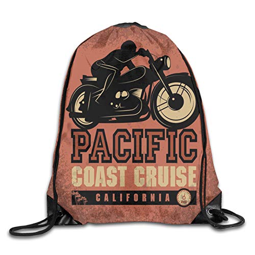 Fuliya Print Drawstring Backpack,Pacific Coast Cruise California Motorcycle Driving Journey Traveling Hand Drawn,Beach Bag for Gym Shopping Sport Yoga