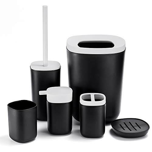 GERUIKE Juego de 6 Accesorios de Baño Juego de Baño Plástico Duradero Organizador de Baño, Incluye Jabonera, Dispensadora, Porta Cepillo de Dientes, Escobilla para Indoro, Cubo y Vaso (Negro)