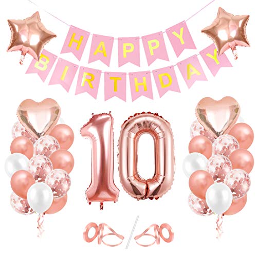 Globos Cumpleaños 10 año, 10 Oro RosaDecoraciones, Pancarta de Feliz Cumpleaños, Decoración de Cumpleaños para 10 Niña, Globos de Confeti y Aluminio Oro Rosa, Fiesta Regalos para Niña y Mujeres y Bebe