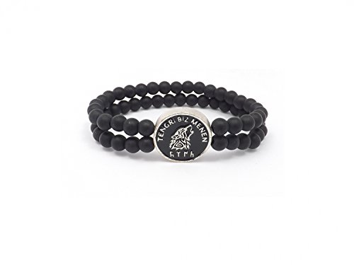 Gök-Türk Elástico Pulsera de Perlas de Lobo para Hombres Unisex Tengri Biz Menen – Negro