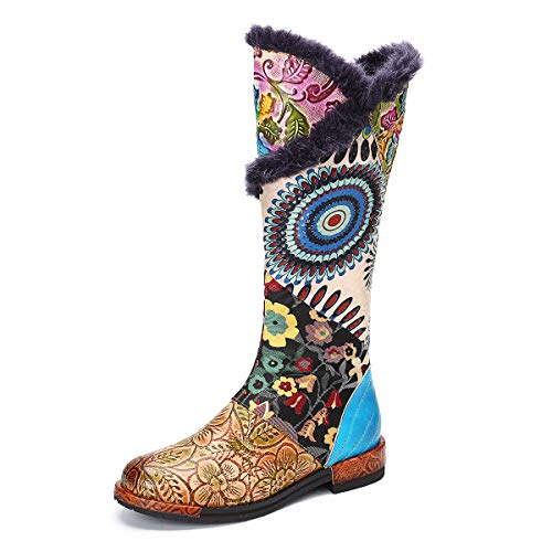 gracosy Botas de Cuero para Mujer Otoño e Invierno Calientes Estilo Nacional Bohemio Patrón de Flores Botas de Equitación Hecho a Mano Moda Moto Tacon Largas Planas