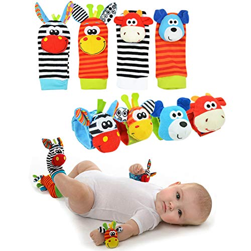 Gudotra (Kit 8 Piezas) 4pcs Juego de Traqueteo de Calcetines para Muñeca Bebé + 4pcs Calcetines Suaves para Niños Regalo para Bebés Recién Nacidos