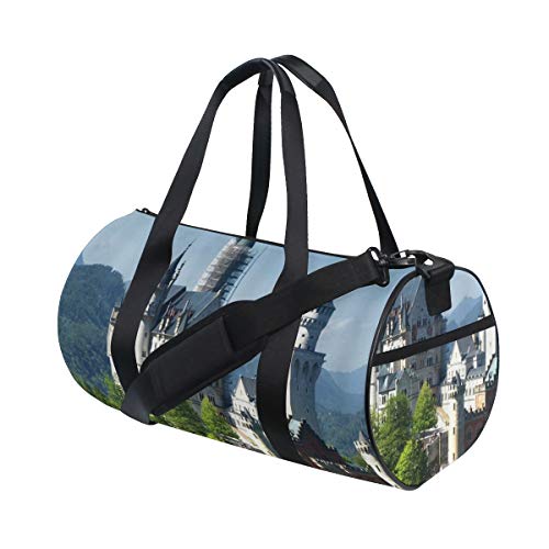 HARXISE Alemania Castillo de Neuschwanstein Agradable Naturaleza Paisaje Verde Bosque Cielo azul，Bolsa de equipaje de viaje Deporte Lienzo ligero Equipaje de fitness Bolso de tambor Desmontable