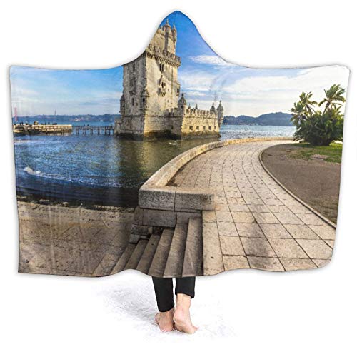 HARXISE Manta con Capucha，Torre de Belem Monumento Famoso de Lisboa Portugal，Suave Siesta ponible Mantas de Viaje/Vacaciones/Casual 80x60