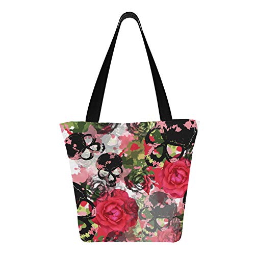 Hermosa obra de arte retro Flores de calavera 11 × 7 × 13 pulgadas Bolsas de compras de poliéster resistente lavables a máquina para comestibles Bolsa de asas plegable reutilizable para mujer para co