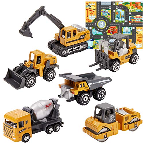 HERSITY 6 Piezas Vehiculos Construccion Camiones Excavadora Volquete de Juguetes Coches de Juguete con Tapete de Juego Regalos para Niños 3 4 5 Años