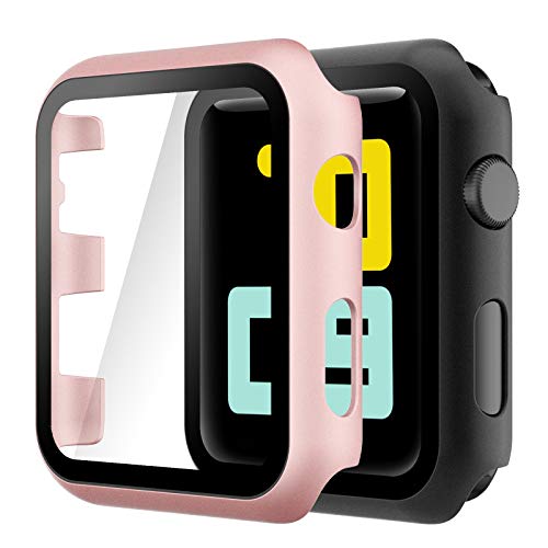 Hianjoo 2 Piezas Estuche Rígido Compatible con Apple Watch 38mm, Cubierta de PC con Protector de Pantalla Templado Compatible con iWatch Series 3 2, Protección Completa, Antiarañazos, Negro/Oro Rosa