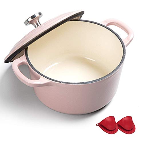 Horno holandés con doble asa, horno holandés de hierro fundido esmaltado con tapa, olla redonda antiadherente de esmalte para cocinar y hornear (16 cm), rosa