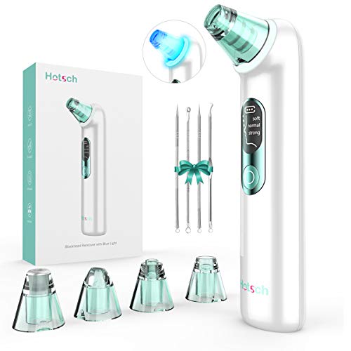 Hotsch Limpiador de Poros Con Luz Azul Anti Acné, Extractor Puntos Negros y Espinillas,Limpiador Facial Electrónico,Blackhead Remover USB Recargable Con Pantalla LED 4 Cabezales y 3 Niveles