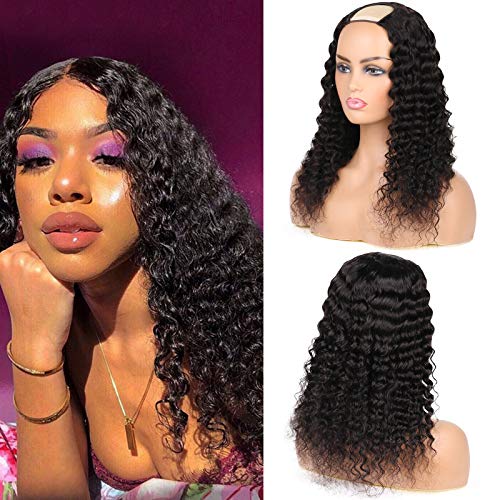 Huarisi Deep Curly Wave Wig 18 Inch u Part Wig None Lace Front 10a Brazilian Virgin Human Hair 150% Density For Black Women Glueless Half Wig Upart Clip in Extensions Machine Made Wigs
