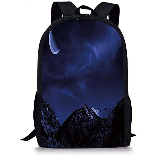 Hui-Shop Mochilas Escolares Noche, Picos nevados Árboles de Invierno Paisaje escénico con Cielo Lunar, Azul Oscuro Coco Negro para niños Niñas