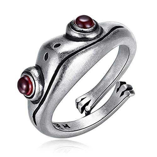 Hypoallergenic Frog Ring 925 Sterling Silver Open Ring with Red Jade Garnet Adjustable Gift for Women and Men (Silver)