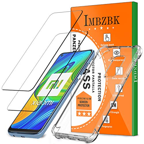 IMBZBK [2 Pack] Protector Pantalla para Xiaomi Redmi Note 9 Cristal Templado + Funda Xiaomi Redmi Note 9, [Anti-Huellas Dactilares] [Alta Definicion], con Funda de TPU Transparente