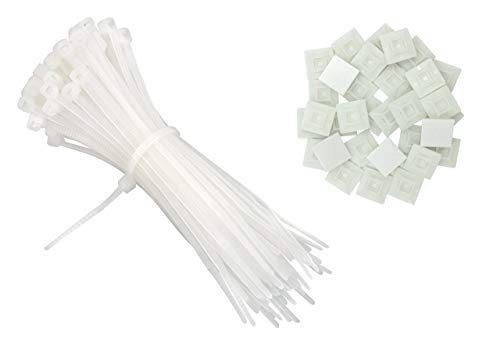 intervisio Bridas de Plastico para Cables 200mm x 2,5mm, Blanco, 100 Piezas + Soportes para las bridas de plastico, 19mm x 19 mm, Neutral, 50 Piezas