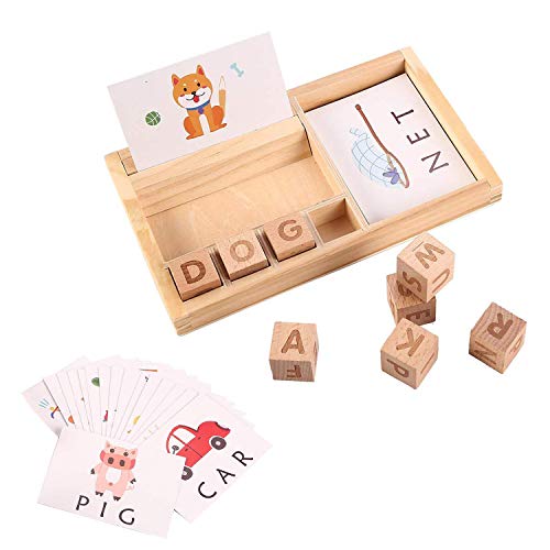 Jacootoys Cartas Correspondencias Juego de ortografía Madera para Niños Preescolar Palabras Aprendizaje Juguete con 30 Tarjetas Flash