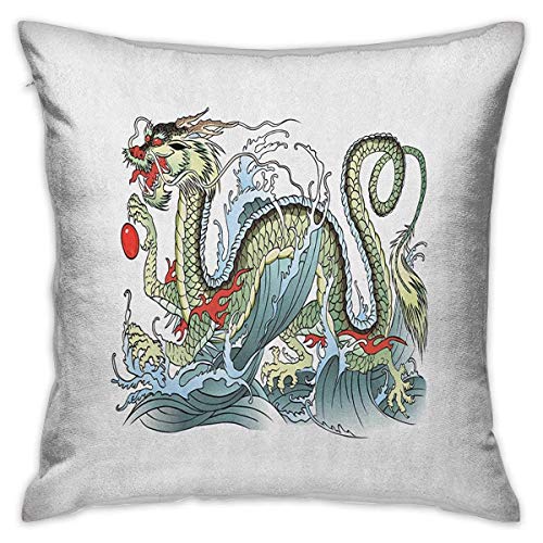 Japanese Dragon Square Funda de almohada personalizada Far Eastern Water Dragon Splashing Waves Legend Creature Pale Green Vermilion Sage Fundas de colchón Fundas de almohada para sofá Dormitorio Coch