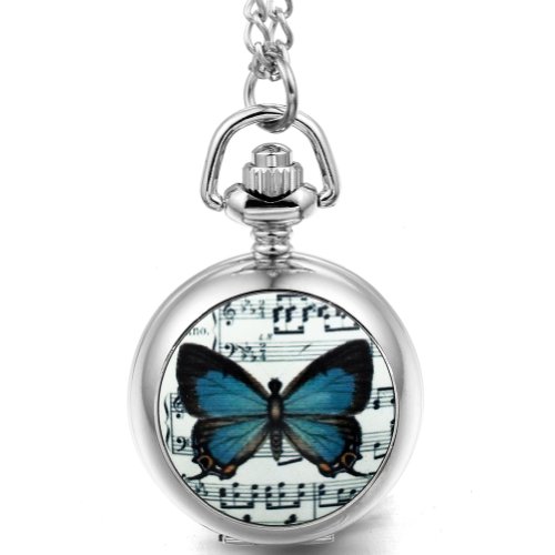 JewelryWe Joyas Collar Colgante Mujer Dulce Retro Elegante, Reloj de Bolsillo Romántica Mariposa Azul, 80 cm de Largo, Plateado