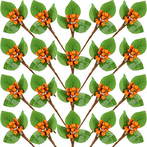 Juego de 20 Tallos de Ramita de Bayas Rojas de Navidad con Hojas Verdes Flores Artificiales Bayas de Invierno Manojo de Arándanos Falsos