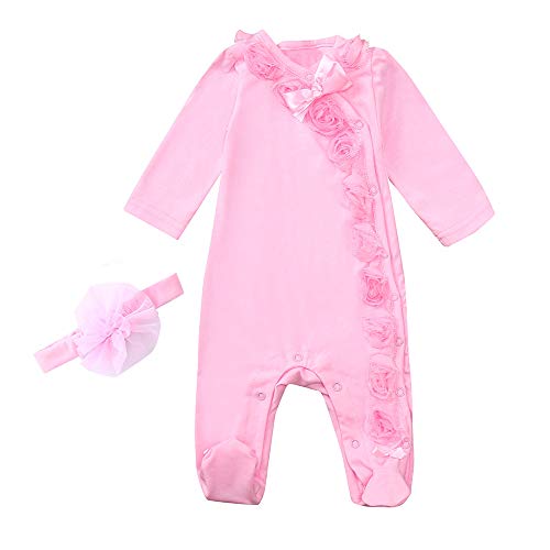 K-youth Conjunto Bebe Niña Invierno en Oferta Floral Ropa Bebe Recien Nacido Niña Mamelucos Recien Nacido Body Bebe Manga Larga Niña Peleles Bebé Monos + Venda de Pelo Bautizo Fiesta(Rosa, 3-6 Meses)