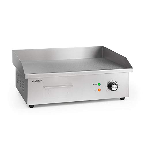 Klarstein Grillmeile 3000G Pro plancha de hierro fundido eléctrica - superficie de 54,5 x 35 cm, temperatura de 50 a 300 °C, 3000 W, antisalpicadura y recoge la grasa en una bandeja, acero inoxidable