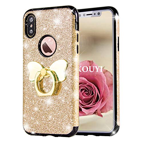 KOUYI Funda iPhone XS/X, [Duro PC + TPU Suave Interior Combinadas Híbrida Bling Sparkly Cuero Sintético] Bling Cubierta Creativo Funda Telefono Movil Carcasas para Apple iPhone XS/iPhone X (Oro)