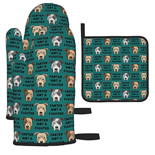 LCYYDECO Farter Not A Fighter Pit Bulls Pitties Dark Teal - Guante de Horno avanzado Resistente al Calor, Soportes para ollas con Textura Antideslizante (Juego de 3 Piezas)