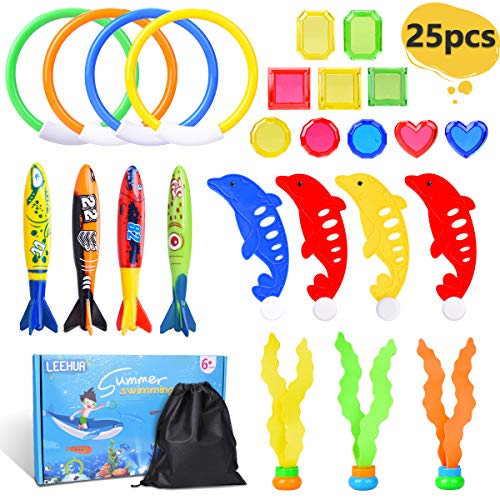 LEEHUR Juguete de Buceo Juguete de Piscina para Niños, Juguete Acuático de Natación, Conjuntos de Juegos de Agua con Bolsa de Cuerdas, Juguete Aventura Subacuática para Verano Divertido, 25 Pcs