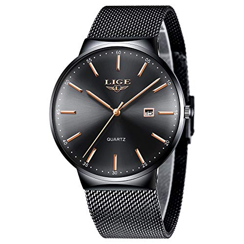 LIGE Relojes de Pulsera para Hombre Impermeable con Fecha Moda Clasicos Analógico Cuarzo Relojes de Hombre Negro