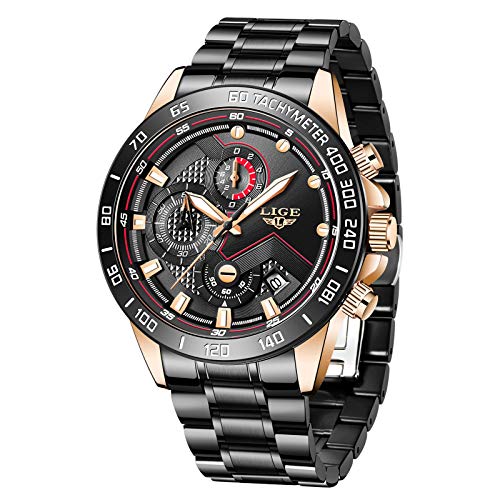 LIGE Relojes para Hombre Negro Cuarzo Reloj Deportivo Cronógrafo Fecha Reloj de Pulsera Impermeable