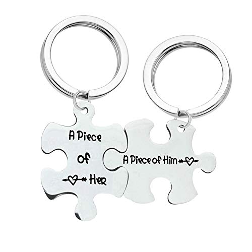 Llaveros Acero Inoxidable Llaveros para Parejas Puzzle Grabado A Piece of Hera Piece of Him with Heart Llavero Plata