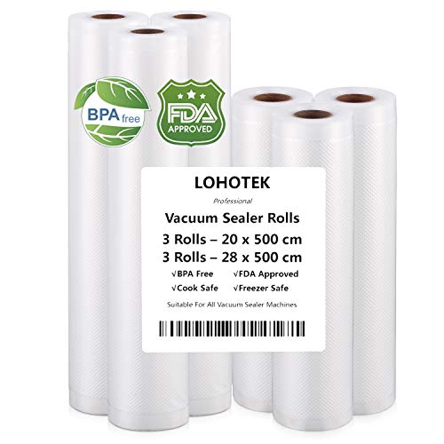 LOHOTEK Bolsas al Vacio, Rollos para Envasadora Sellador de Vacío 3 Rollos 20 x 500cm y 3 Rollos 28 x 500cm Bolsas Profesional para la Conservación de Alimentos Protector la Comida para Cocina