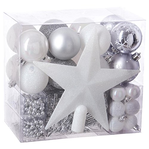 Lote de navidad - Kit 44 piezas para decorar árbol: Guirnaldas, Bolas y Estrella cima - Tema color: Blanco,Parma y Gris Plata