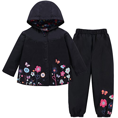 LZH Impermeable Chubasquero para Niña, Flores Chaqueta con Capucha Pantalones Conjunto