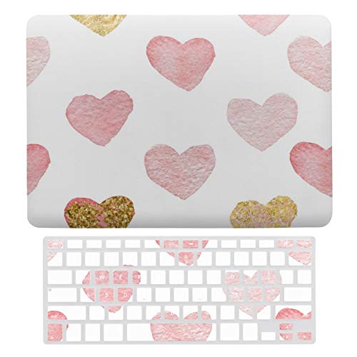 MacBook New Pro 13 Touch Case A1706、A1989、 A2159, Plastic Hard Shell Case & Keyboard Cover Compatible with MacBook New Pro 13 Touch, Pale Pink and Gold Hearts Laptop Protective Shell Set