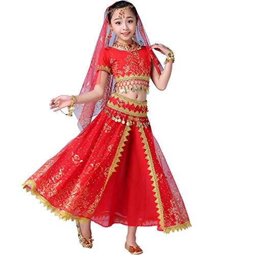 Maguun Girl Gypsy Performance Skirt Set de 5 Piezas Traje de Bailarina del Vientre Traje de Halloween para niños (M 105-130cm/41-51in, Rojo)