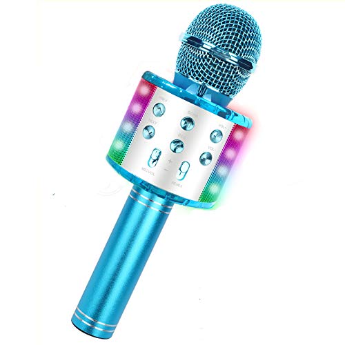 Micrófono Karaoke Bluetooth con luz LED, 4 en 1 Multifunción Microfono Inalámbrico Karaoke con Altavoz,función de grabación, Micrófono para Niños/KTV/Fiesta al Aire, Compatible con Android/iOS PC