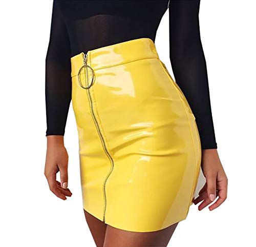 Minifalda de Mujer con Cremallera Falda de Cintura Alta Lápiz Corto Elegante Moda (Amarillo, S)