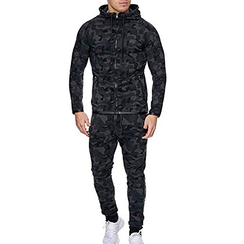 Miwaimao - Chaqueta deportiva con capucha y bolsillo con cremallera para hombre, diseño de camuflaje Negro Negro ( L