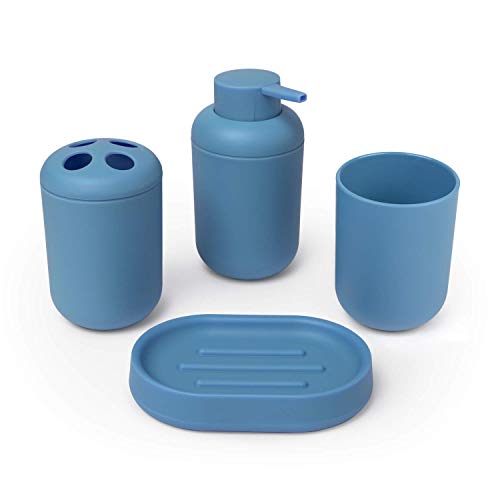 Montse Interiors, S.L. Conjunto Accesorios baño Azul : Jabonera, dispensador jabón, Vaso y Soporte cepillos de Dientes (Liso Azul)