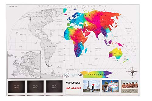 MU MUNDIUP Póster Mapa Mundi Rascar, Set 2 en 1 de Europa y del Mundo, Color Plata y Transparente, gran tamaño 82.6x57.8 cm, Regalo Original para Viajeros con bloc notas y fotos