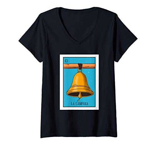 Mujer La Campana Lotería Tarjeta La Bell Card Lotería Mexicana Camiseta Cuello V