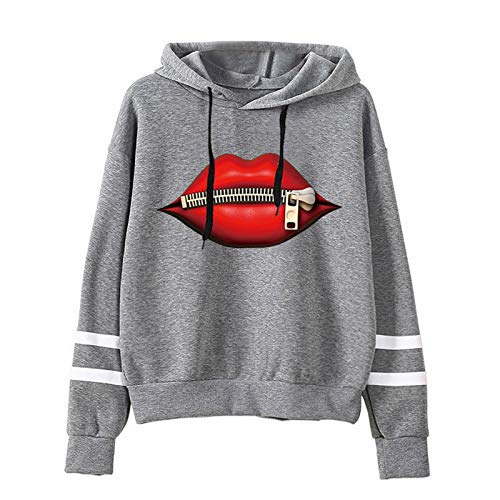 Mujer Sudadera con Capucha Sudadera Impresión 3D Cremallera Y Labios Rojos Sexy Nueva Primavera Invierno Manga Larga de Sarga Blanca Sudadera Jersey Pullover Vestido Grueso,Cálido Y Suave(Gris)