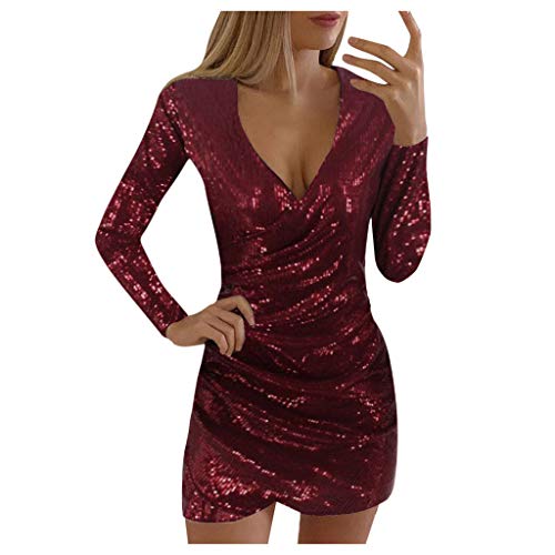 Mujer Vestidos de Fiesta Elegante con Purpurina Brillo V-Cuello Casual Vestido de Cóctel Suave Ajustado para Boda Baila Ceremonia y Eventos Fannyfuny