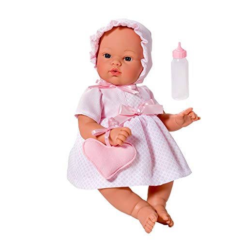 Muñecas Así Bebe Koke con Vestido Rosa y Rombos minis. Cuerpo blandito y Carita Muy Dulce. 36 cm.