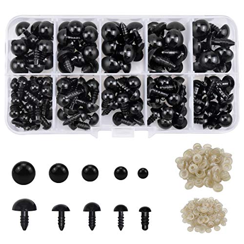 NATUCE 142PCS Negro Ojos de Seguridad Ojos de Plastic, 6-12mm Ojos Seguridad de Plástico, Ojo de Seguridad, Negro Ojos de Seguridad Ojos de Plastic con Arandelas para Hacer Muñecas